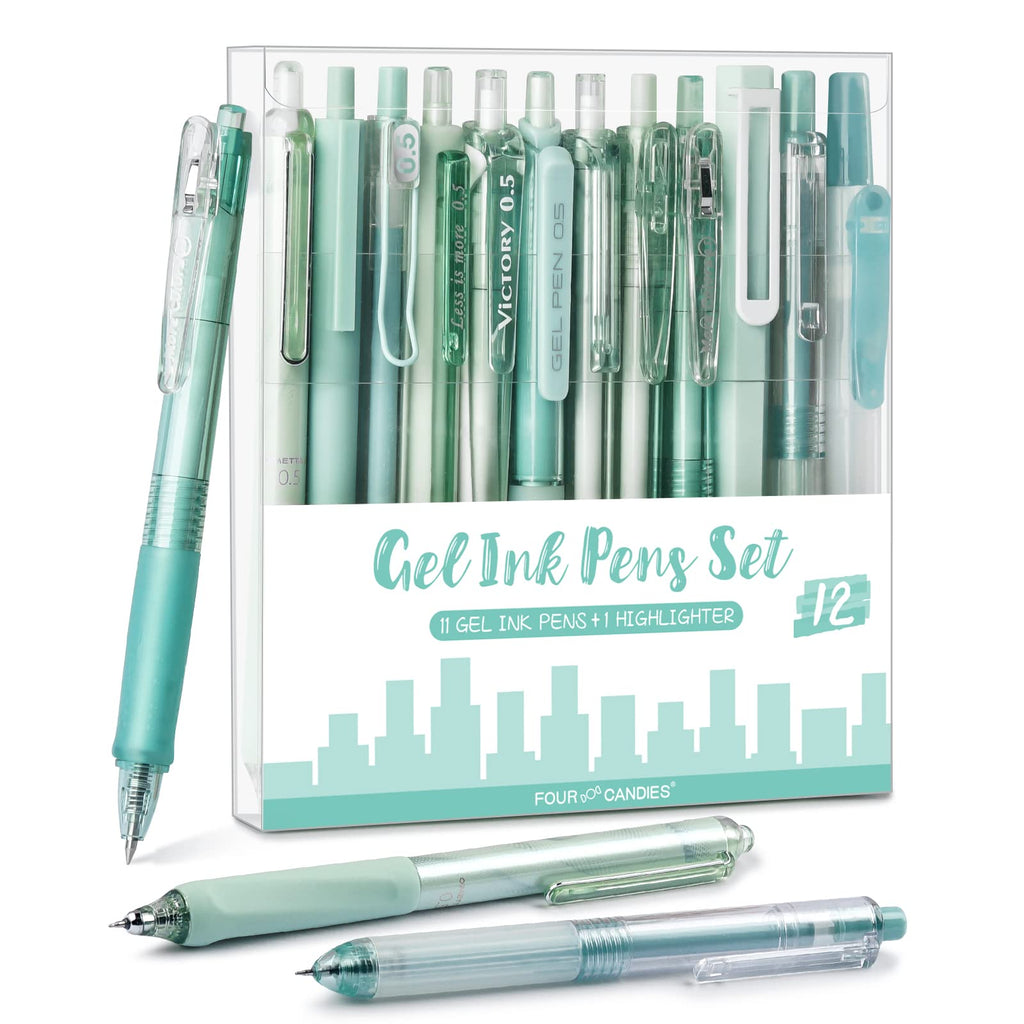 Four Candies 12Pack Pastel Gel Ink Pen Set, 11 Pack Black Ink Pens with 1Pack Highlighter (Green)
