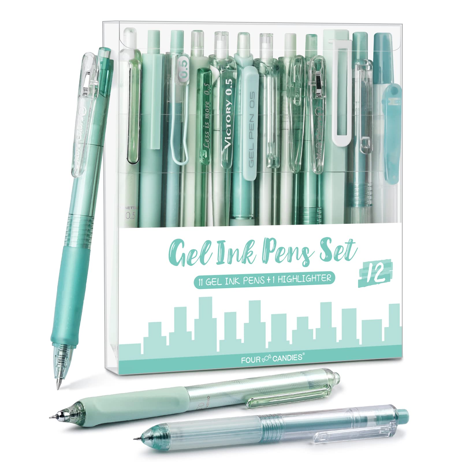 Four Candies 12Pack Pastel Gel Ink Pen Set, 11 Pack Black Ink Pens with 1Pack Highlighter (Green)