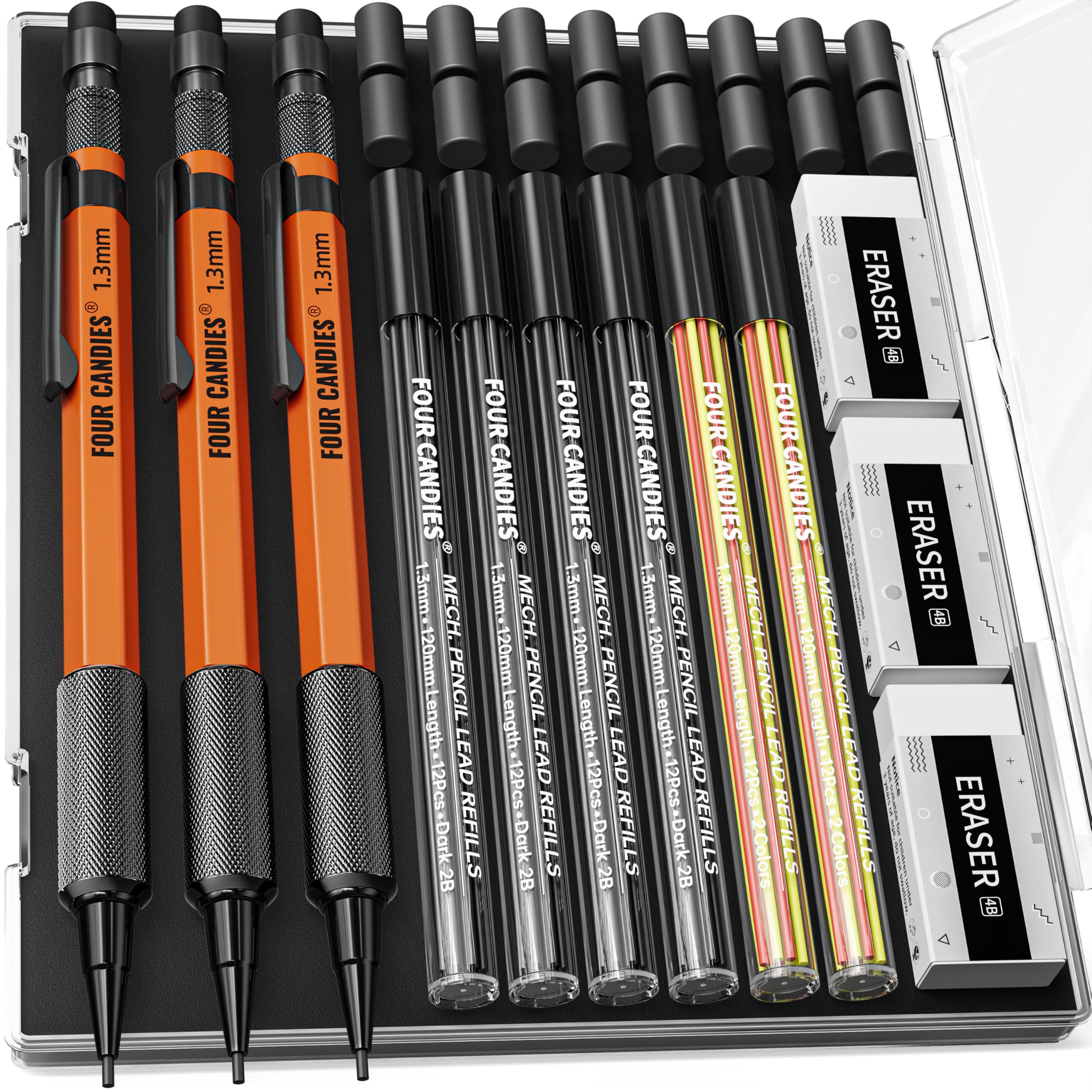 Four Candies 3PCS 1.3mm Mechanical Pencil Set with Case, Metal Heavy Duty Carpenter Pencils with 48 Refill
