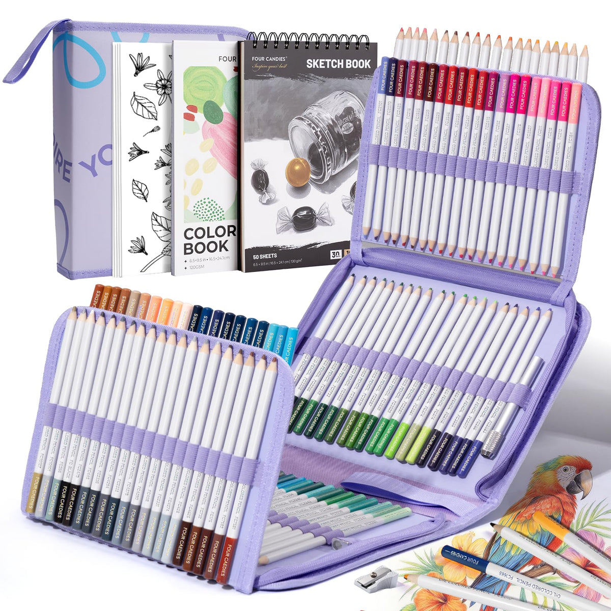 Four Candies 194 PCS Colored Pencils Set,120 Soft Oil-Based Colored Pencils for Adult Coloring Books and Professional Drawing,Blending,Shading, Art Supplies with Portable Zipper Case & 3-Color Sketch