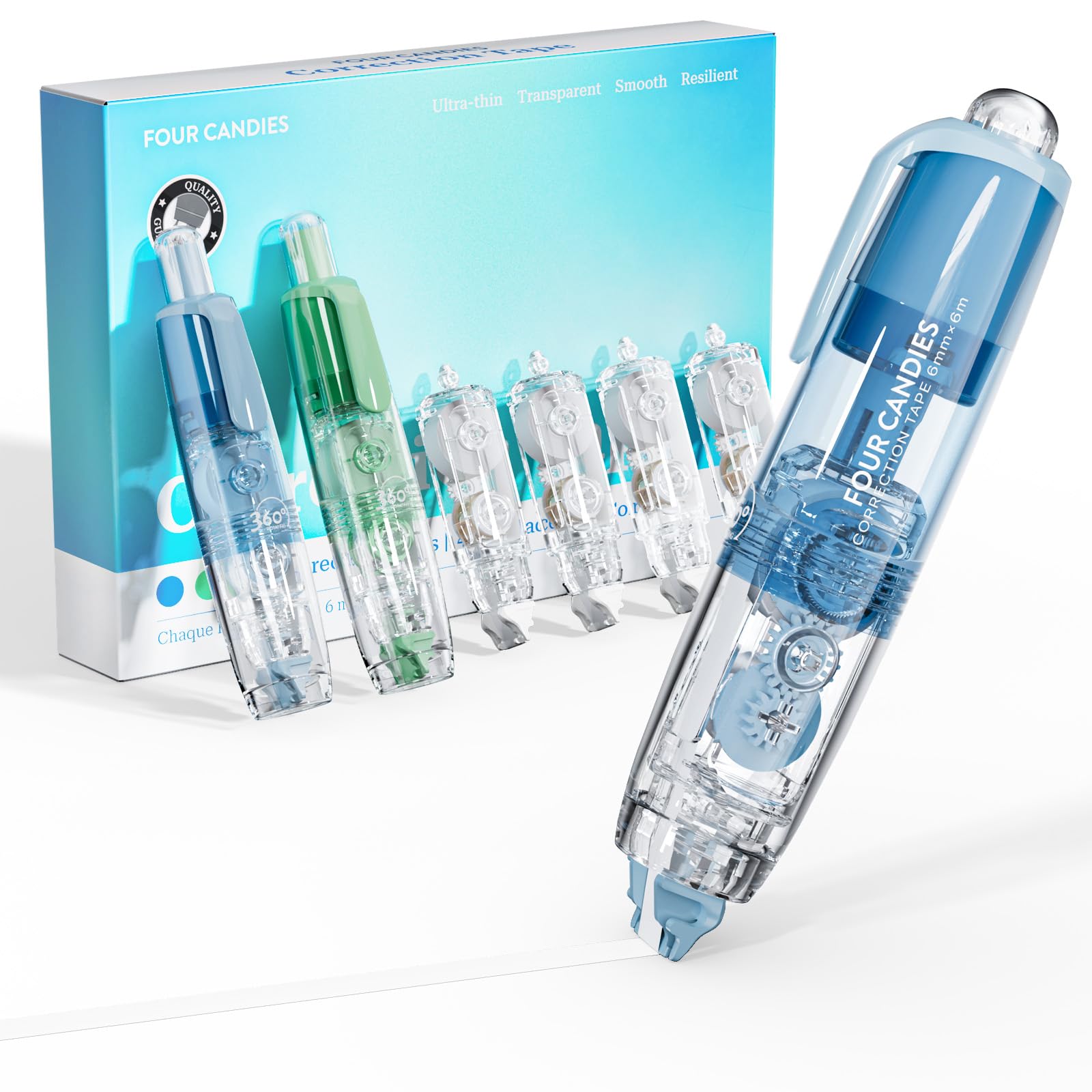 Four Candies White Out Correction Tape, 2PCS Colorful Refillable Retractable Cute Mini Aesthetic Quick Dry White Out with 4 Replacement Tapes for Supplies (Blue Green)