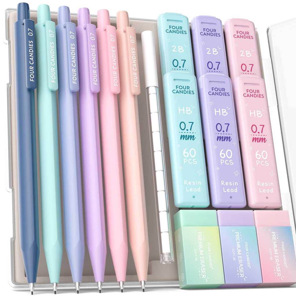 Four Candies Mechanical Pencils 0.7mm, with HB & 2B Lead Refills 0.7, Pastel Eraser Set & Eraser Refills, 16-Count Pack with Case, Cute Aesthetic Supplies for Writing, Drawing