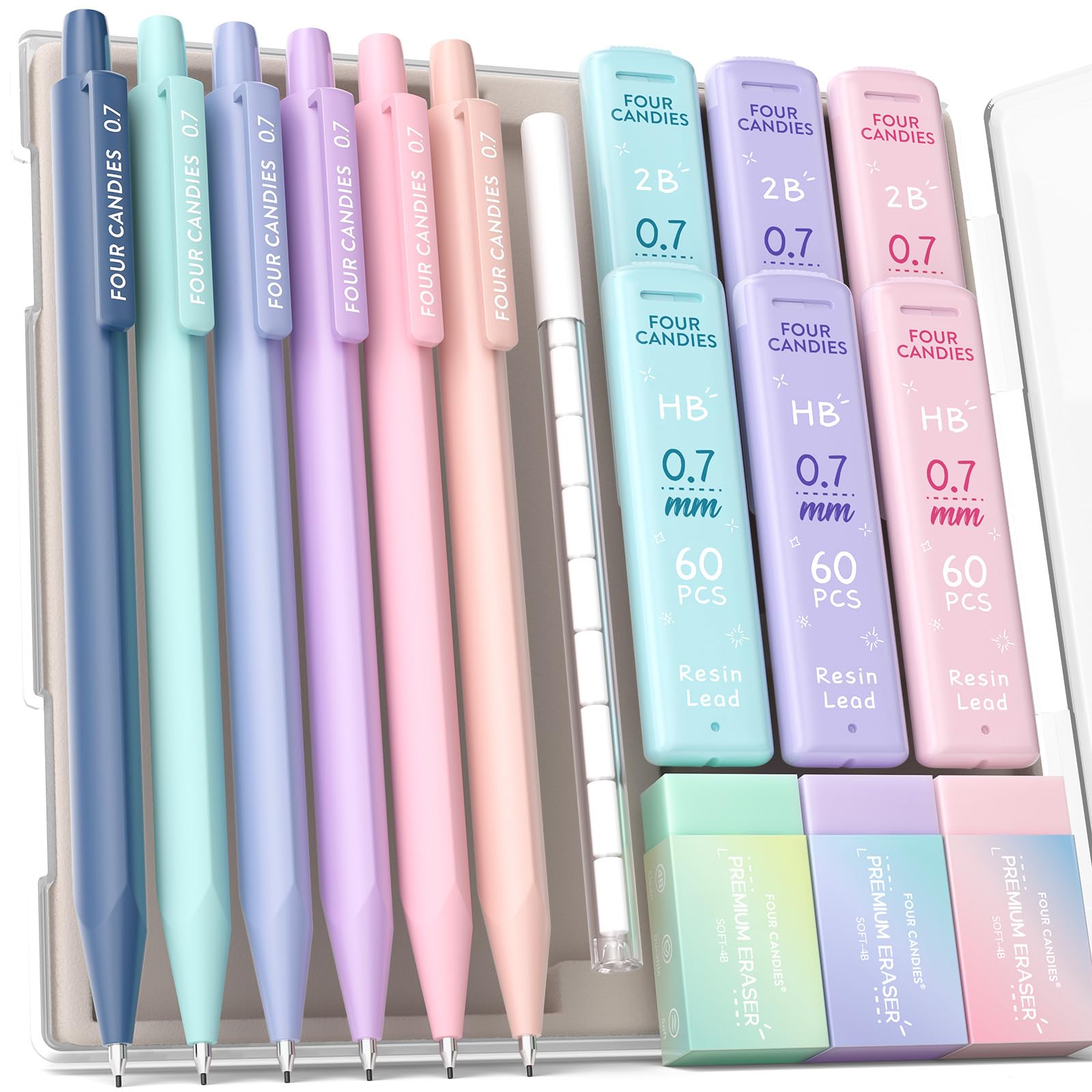Four Candies Mechanical Pencils 0.7mm, with HB & 2B Lead Refills 0.7, Pastel Eraser Set & Eraser Refills, 16-Count Pack with Case, Cute Aesthetic Supplies for Writing, Drawing