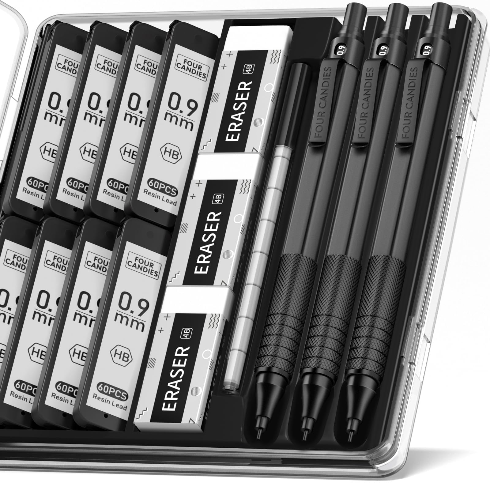 Four Candies 0.9mm Mechanical Pencil Set with Case, 3PCS Metal Pencil with 8 Tubes (480PCS) HB Lead Refills, 3 Erasers, 9 Eraser Refills for Writing Drafting, Black