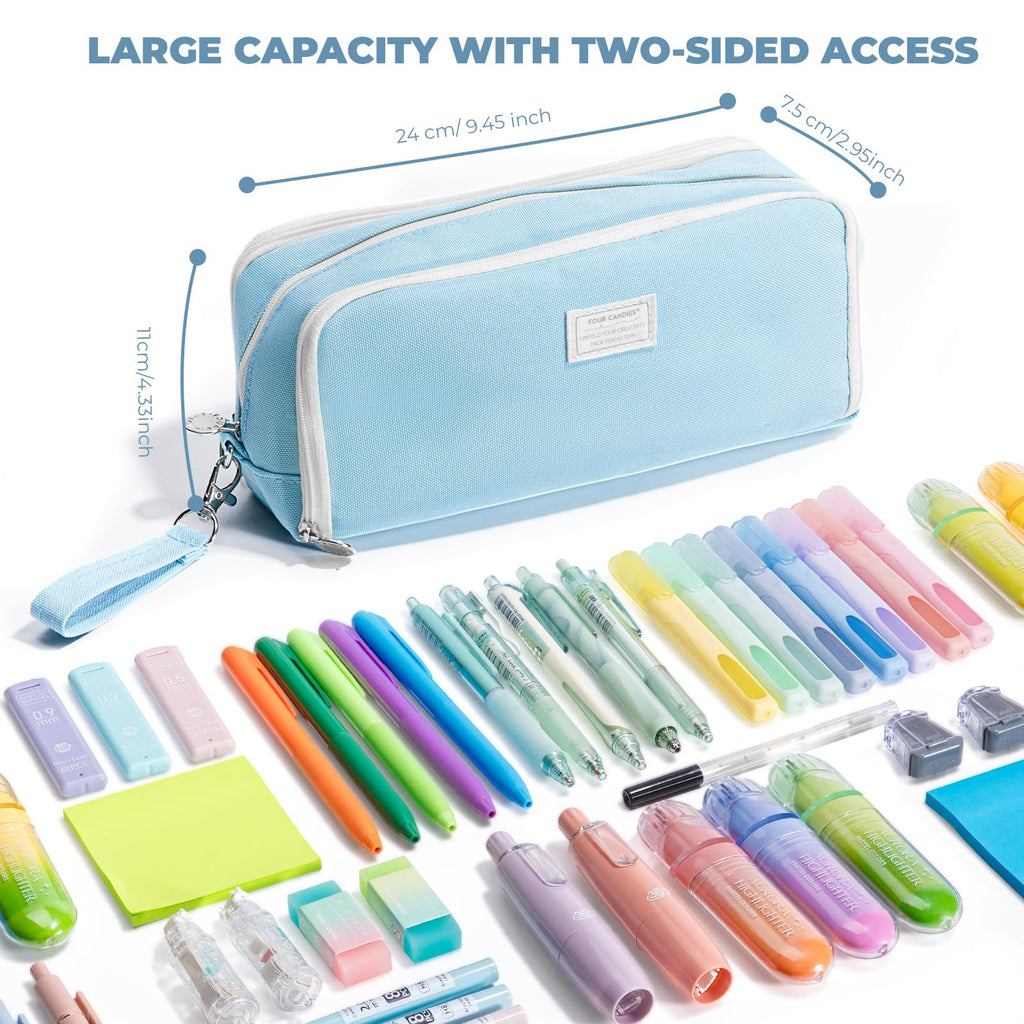 Four Candies Pencil Case 3 Compartment, Large Pencil Case with Removable Handle & Zipper, Cute Stationery Organizer for Markers, Makeup Bag, Cute Pencil Bag for Office College, Blue