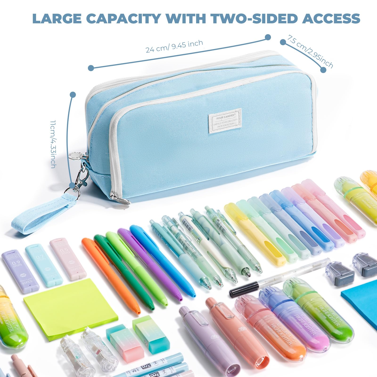 Four Candies Pencil Case 3 Compartment, Large Pencil Case with Removable Handle & Zipper, Cute Stationery Organizer for Markers, Makeup Bag, Cute Pencil Bag for Office College, Blue