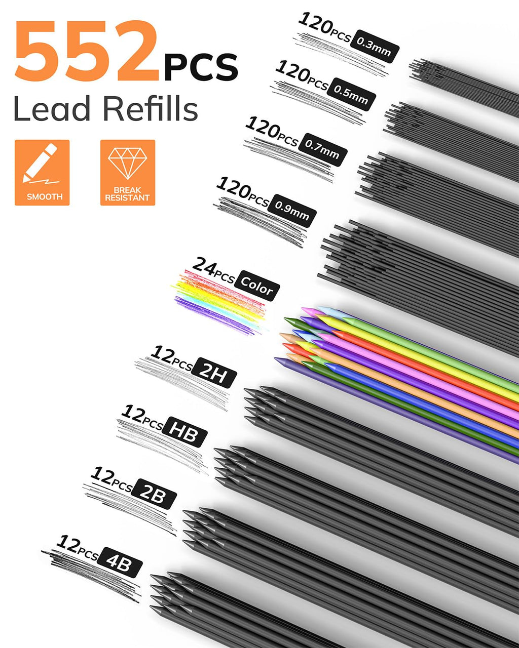 Four Candies 27PCS Art Mechanical Pencil Set with Case, 4PCS Metal Drawing Pencil 0.3, 0.5, 0.7, 0.9 mm & 2PCS 2mm Lead Holder (HB 2H 2B 4B Color) with 552 Graphite Lead Refills for Drawing Sketching