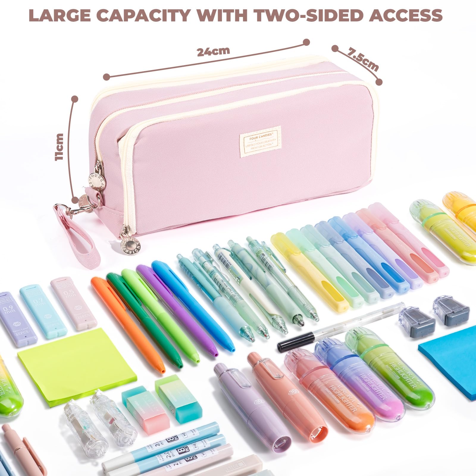 Four Candies Pencil Case 3 Compartment, Large Pencil Case with Removable Handle & Zipper, Cute Stationery Organizer for Markers, Makeup Bag, Cute Pencil Bag for Office College, Pink
