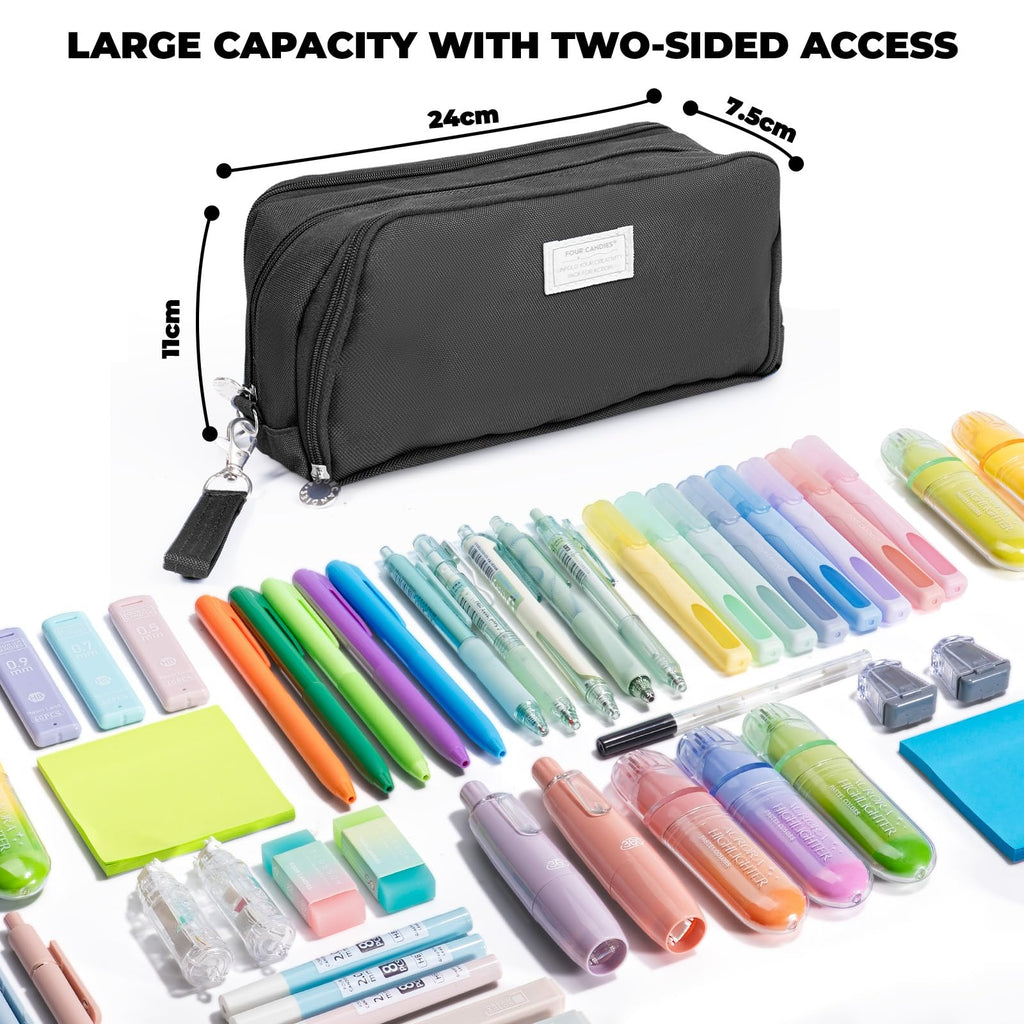 Four Candies Pencil Case 3 Compartment Pouch, Large Pencil Case for Women, Black, Removable Handle & Zipper, Cute Pencil Bag for Office, College