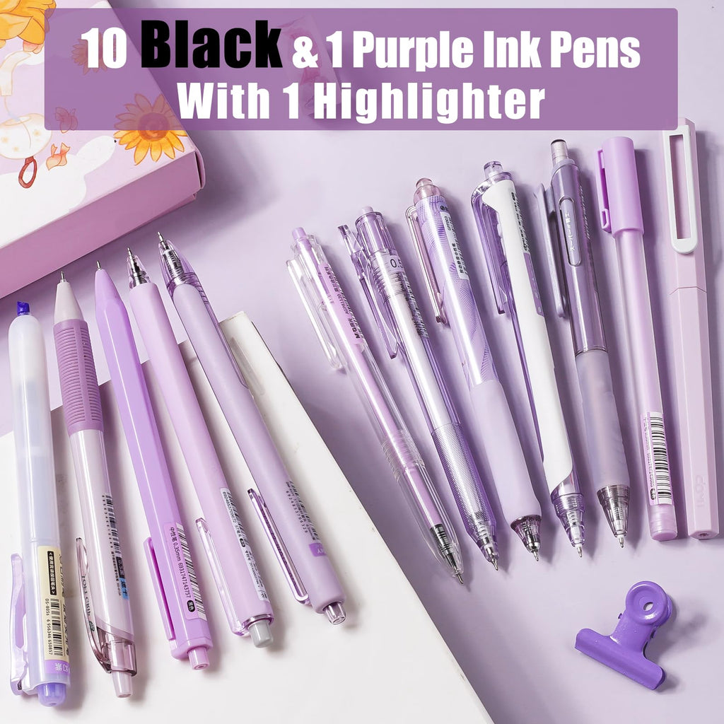 Four Candies Retractable Purple Pen Set, 11Pcs Black Ink Gel Pens(0.5mm), 1Pcs Purple Highlighter, 0.5mm Fine Point for Journaling, Writing and Note-Taking