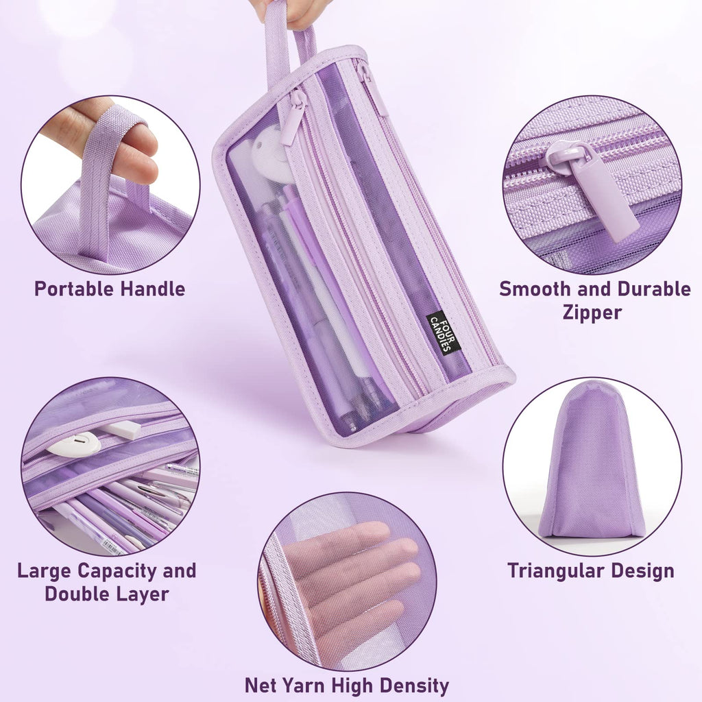 Four Candies Large Capacity Pencil Case, Purple Pencil Case with Zipper, Organized Pencil Cases for Adults, Handheld Pen Bag, Portable Cute Pencil Case, School Supplies for Kids Girls