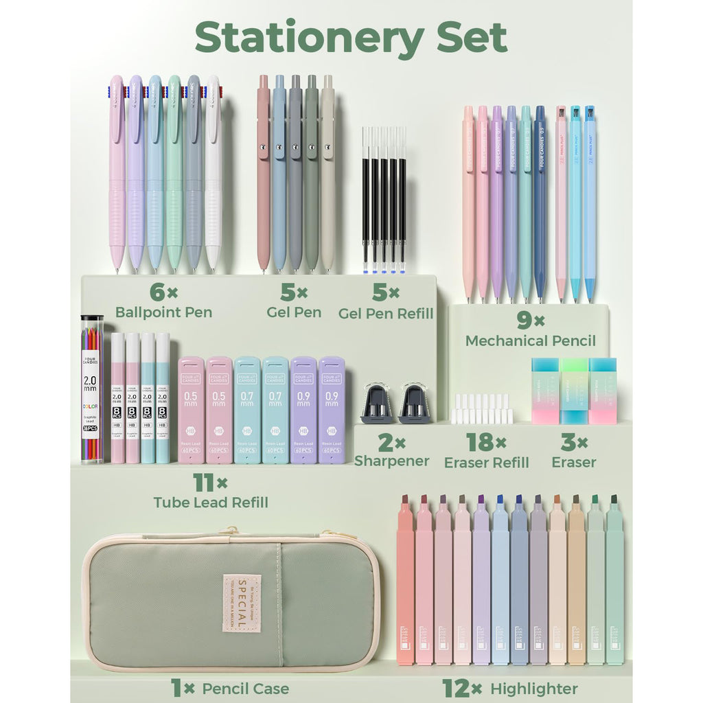 Four Candies 56 PCS Aesthetic Supplies with Large Pencil Case, 6 Colored Ballpoint Pens, 12 Pastel Highlighters, 5 Black Ink Gel Pens, 9 Mechanical Pencils 0.5-2.0mm Essentials (Green)