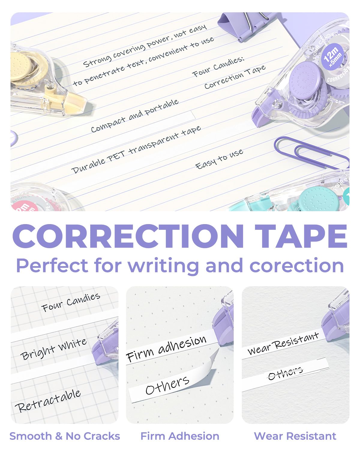 Four Candies White Correction Tape, 39.4 Feet, 8 Pack Easy to Use Applicator for Instant Corrections, Tear-Resistant, Smooth & Quick-Drying Tape