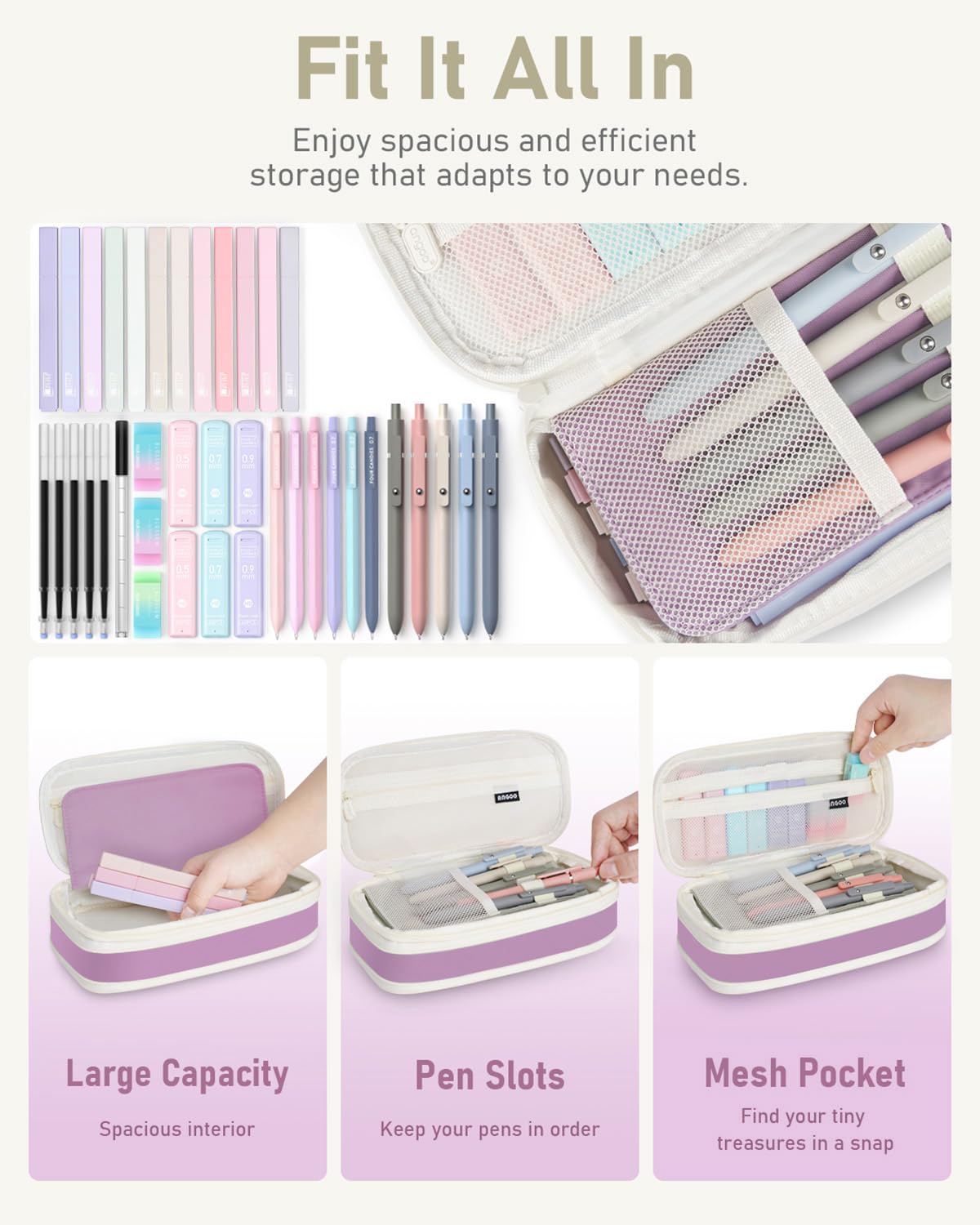 Four Candies 39 PCS Aesthetic Supplies with Cute Pencil Case（Purple）