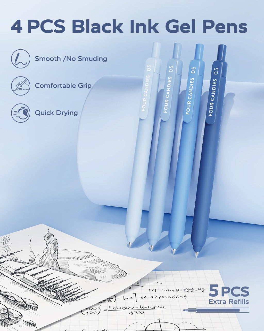 Four Candies Aesthetic Supplies, 4 Gel Pens with Black Ink, 4 Correction Tapes, 2 Pastel Highlighters, 2 Mechanical Pencils, Sticky Notes, Index Post for Bible Supplies Blue