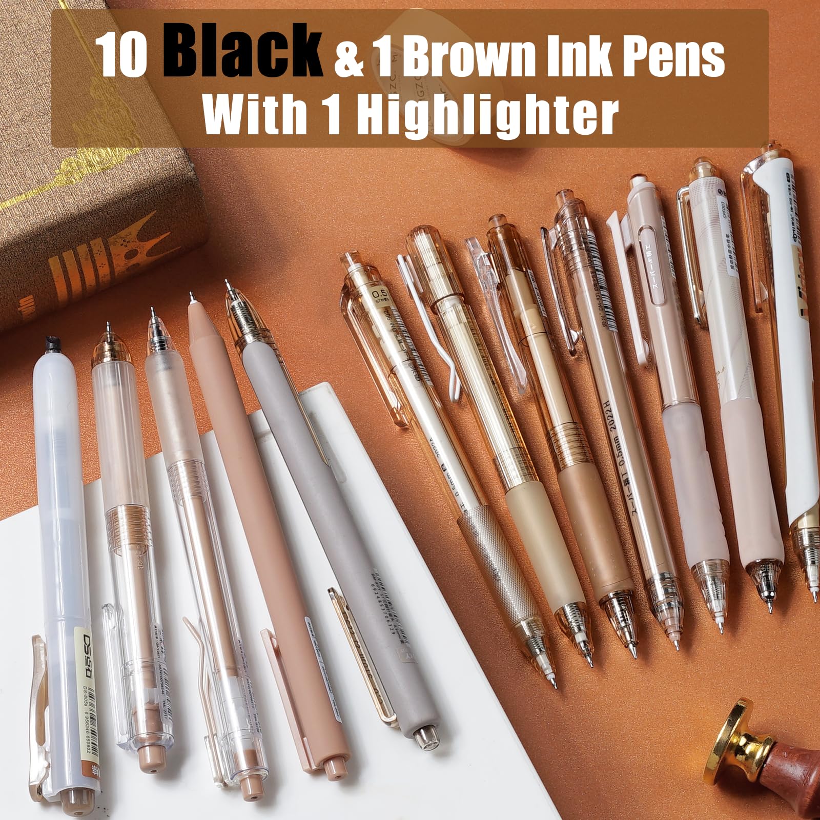 Four Candies Retractable Pen Set, 11Pcs Black Ink Gel Pens(0.5mm), 1Pcs Highlighter, 0.5mm Fine Point for Journaling, Writing and Note-Taking(Brown)