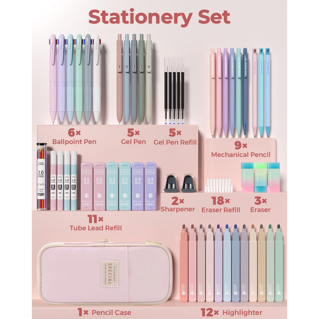 Four Candies 56 PCS Aesthetic Supplies with Large Pencil Case, 6 Colored Ballpoint Pens, 12 Pastel Highlighters, 5 Black Ink Gel Pens, 9 Mechanical Pencils 0.5-2.0mm Essentials (Pink)