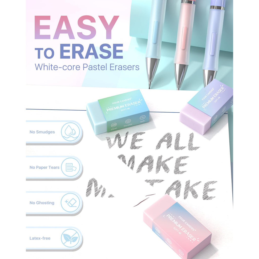 Four Candies 0.5 mm Mechanical Pencil Set - 6PCS Cute Pencils with 360PCS HB & 2B Lead Refills, 3PCS Pastel Erasers and 9PCS Eraser Refills, Aesthetic Supplies for Writing Drawing Drafting