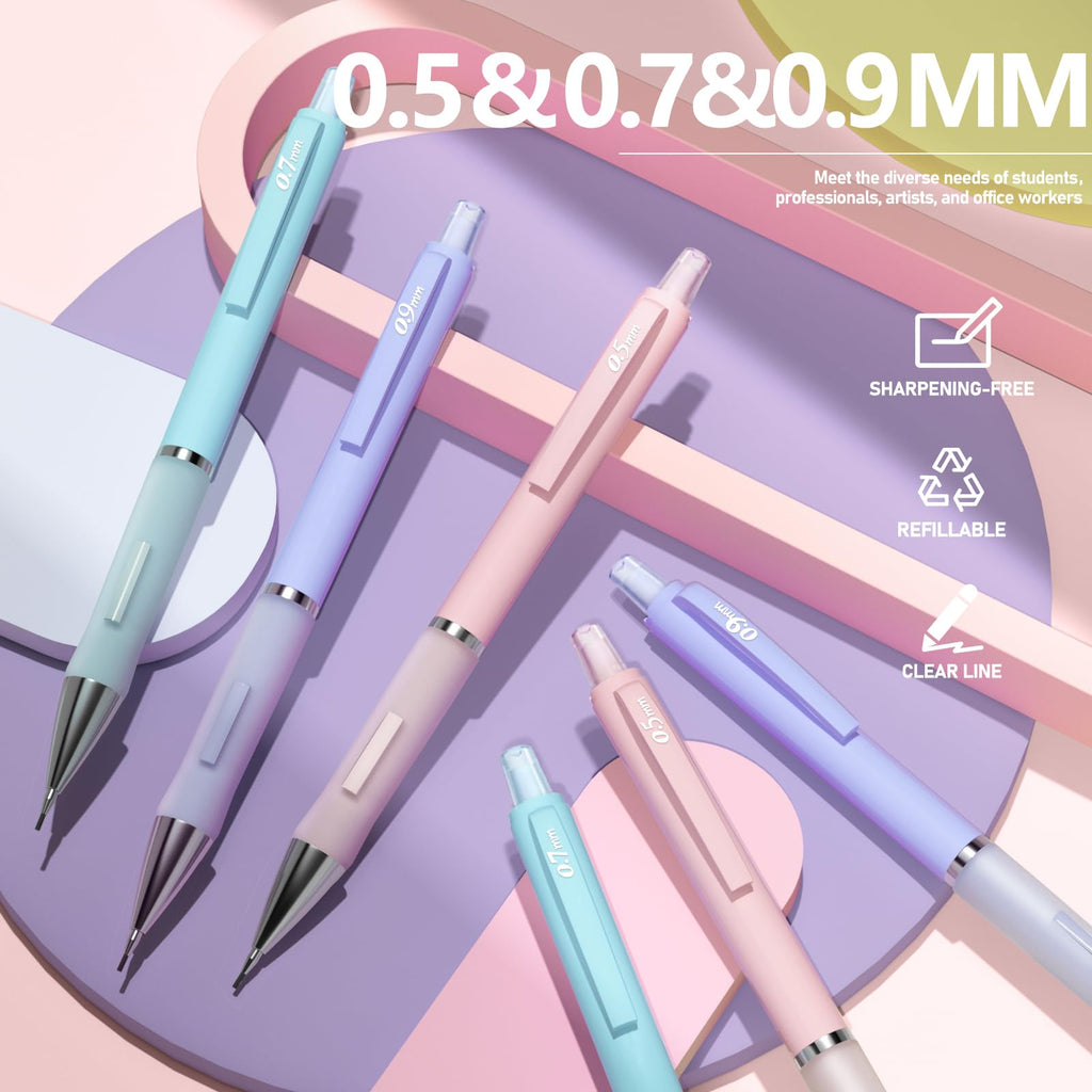 Four Candies Pastel Mechanical Pencil Set - 6PCS 0.5 & 0.7 & 0.9 mm Pencils with 360PCS HB Lead Refills, 3 Erasers and 9 Eraser Refills
