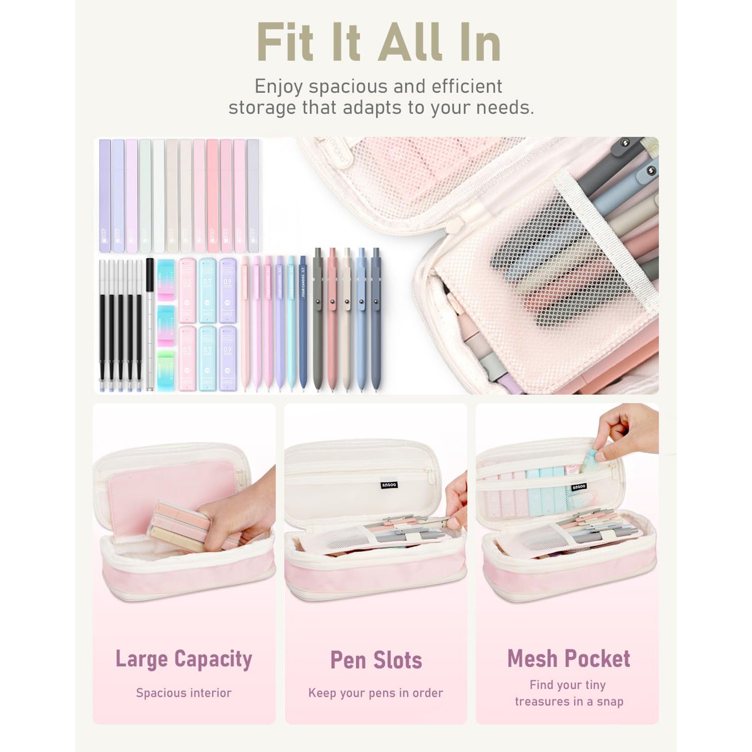 Four Candies 39 PCS Aesthetic Supplies with Cute Pen Case, 12 Pastel Highlighters, 5 Black Ink Gel Pens, 6 Mechanical Pencils Set 0.5 & 0.7 mm for Stationary College Essentials (Pink)