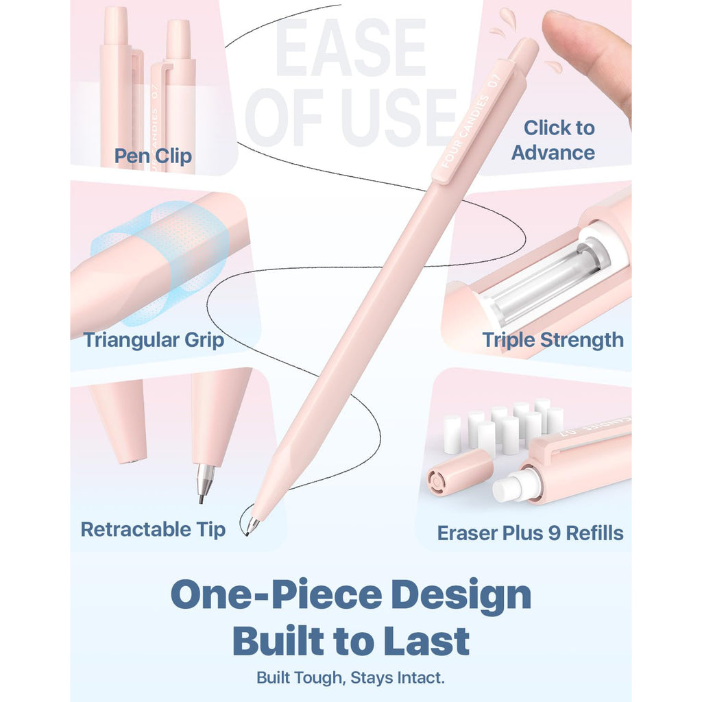 Four Candies Mechanical Pencils 0.7mm, with HB & 2B Lead Refills 0.7, Pastel Eraser Set & Eraser Refills, 16-Count Pack with Case, Cute Aesthetic Supplies for Writing, Drawing