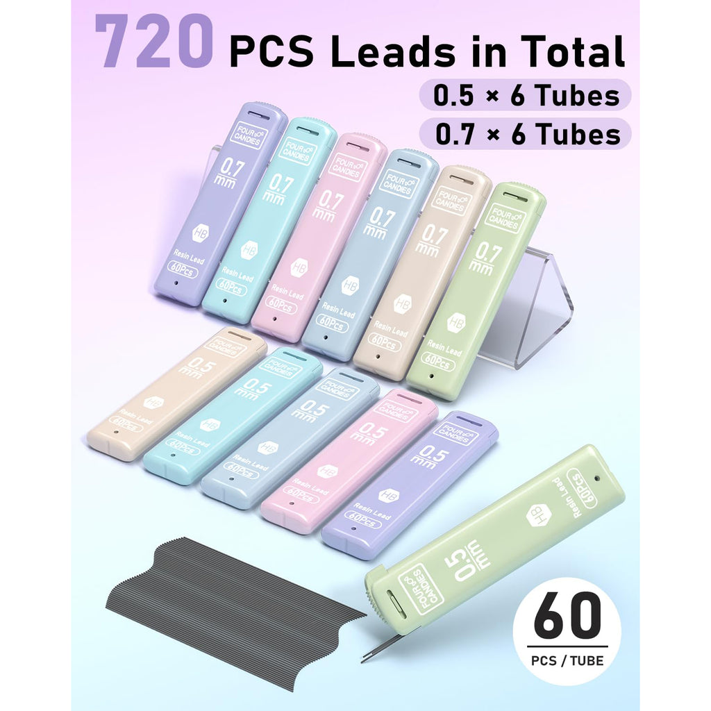 Four Candies 0.5/0.7mm Lead Refills in Case, Pack of 720 PCS Black HB #2 Break Resistant Mechanical Pencil Refills, 12 Tubes (6 of Each Size), 60 Pieces per Tube