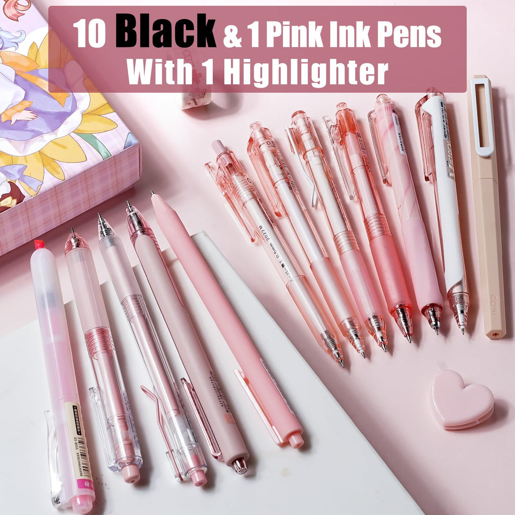 Four Candies Retractable Pink Pen Set, 11Pcs Black Ink Gel Pens(0.5mm), 1Pcs Pink Highlighter, 0.5mm Fine Point for Journaling, Writing and Note-Taking
