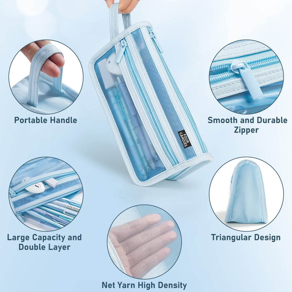Four Candies Large Capacity Pencil Case, Pencil Case with Zipper, Organized Pencil Cases for Adults, Handheld Pen Bag, Portable Cute Pencil Case, School Supplies for Kids Girls,Blue