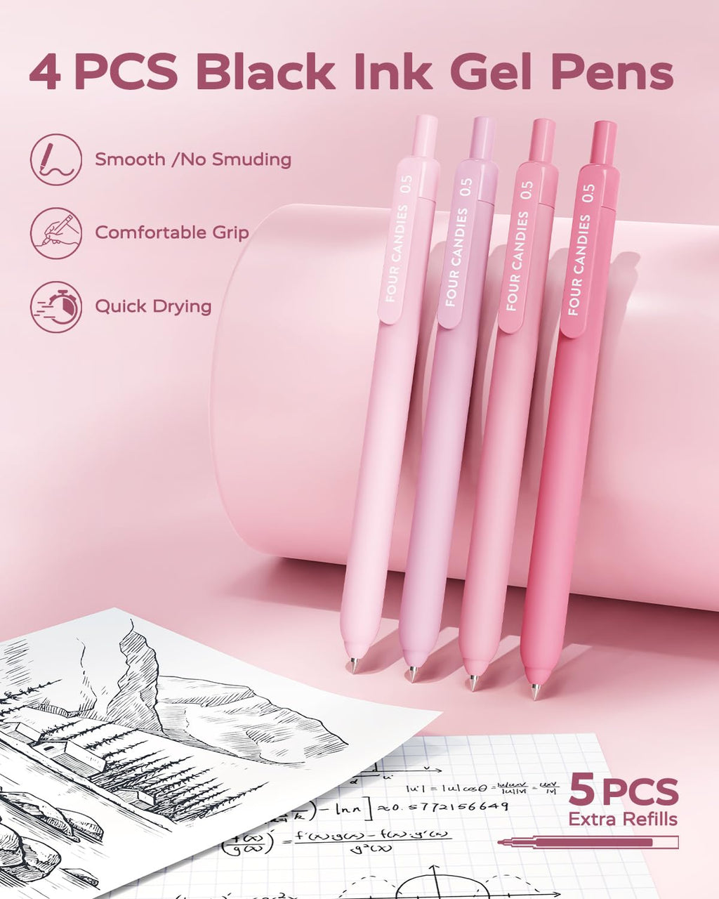 Four Candies Aesthetic Supplies, 4 Gel Pens with Black Ink, 4 Correction Tapes, 2 Pastel Highlighters, 2 Mechanical Pencils, Sticky Notes, Index Post for Bible Study Supplies with Case Pink