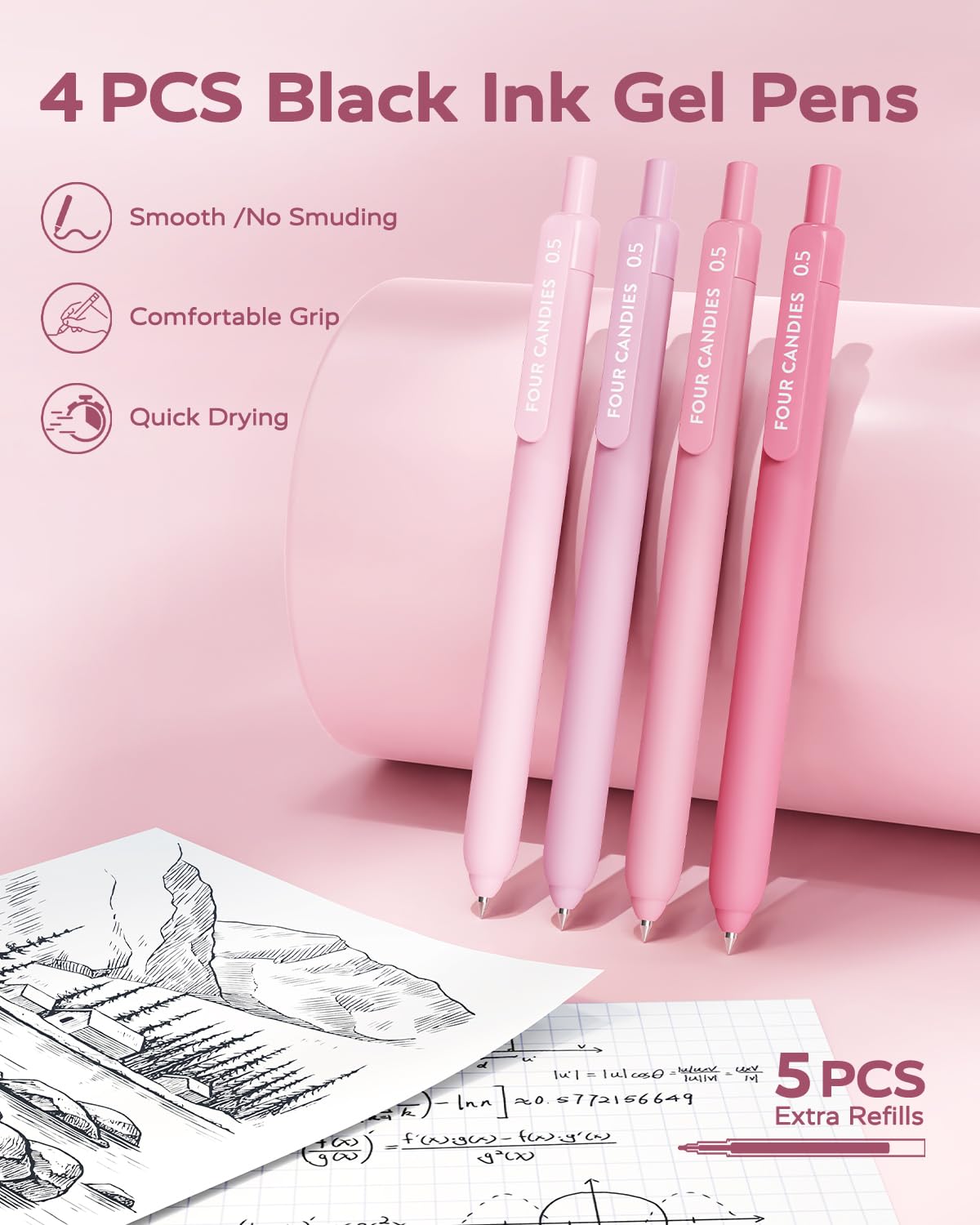 Four Candies Aesthetic Supplies, 4 Gel Pens with Black Ink, 4 Correction Tapes, 2 Pastel Highlighters, 2 Mechanical Pencils, Sticky Notes, Index Post for Bible Study Supplies with Case Pink