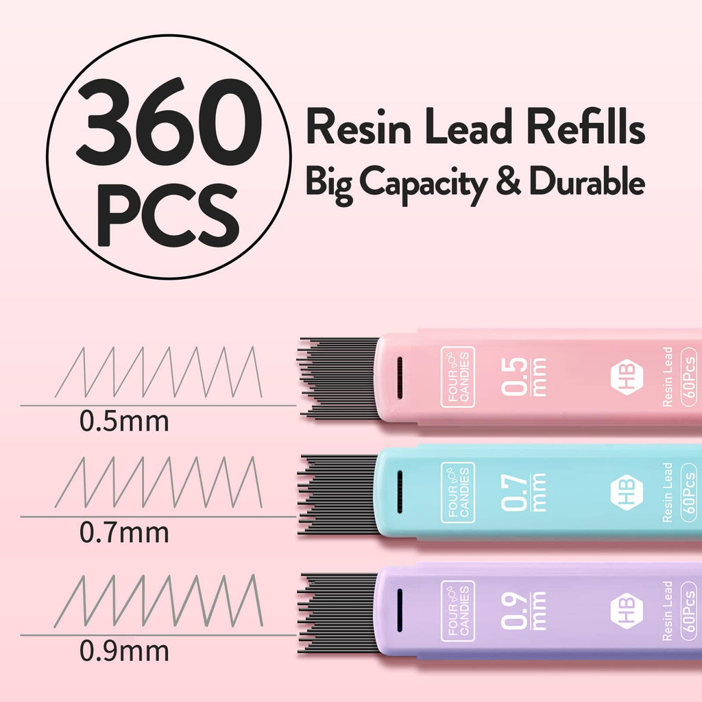 Four Candies 6PCS Cute Mechanical Pencils 0.5mm & 0.7mm & 0.9mm with Leads, Erasers and Eraser Refills