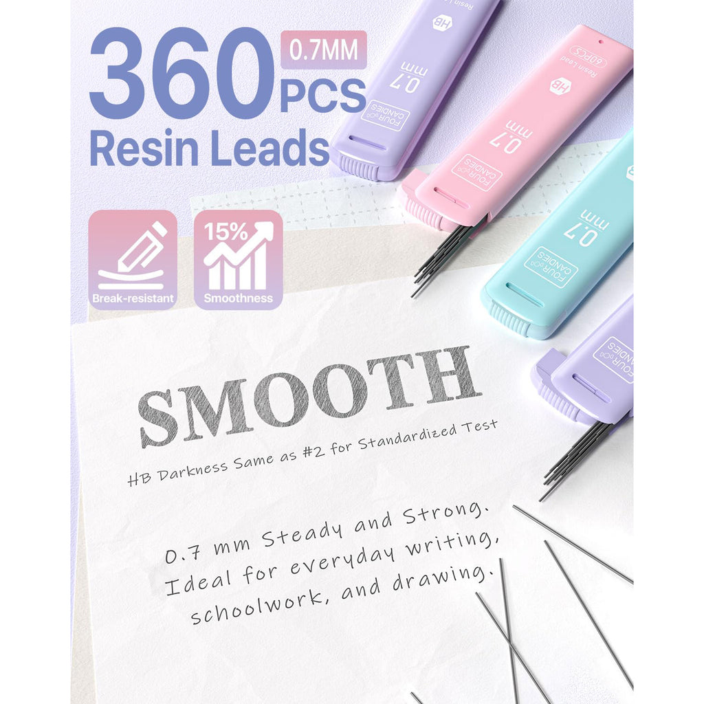 Four Candies Pastel Mechanical Pencil Set for Drawing & Writing,3PCS 0.7mm Mechanical Pencils with 360PCS HB Lead Refills, 3PCS Erasers and 9PCS Eraser Refills