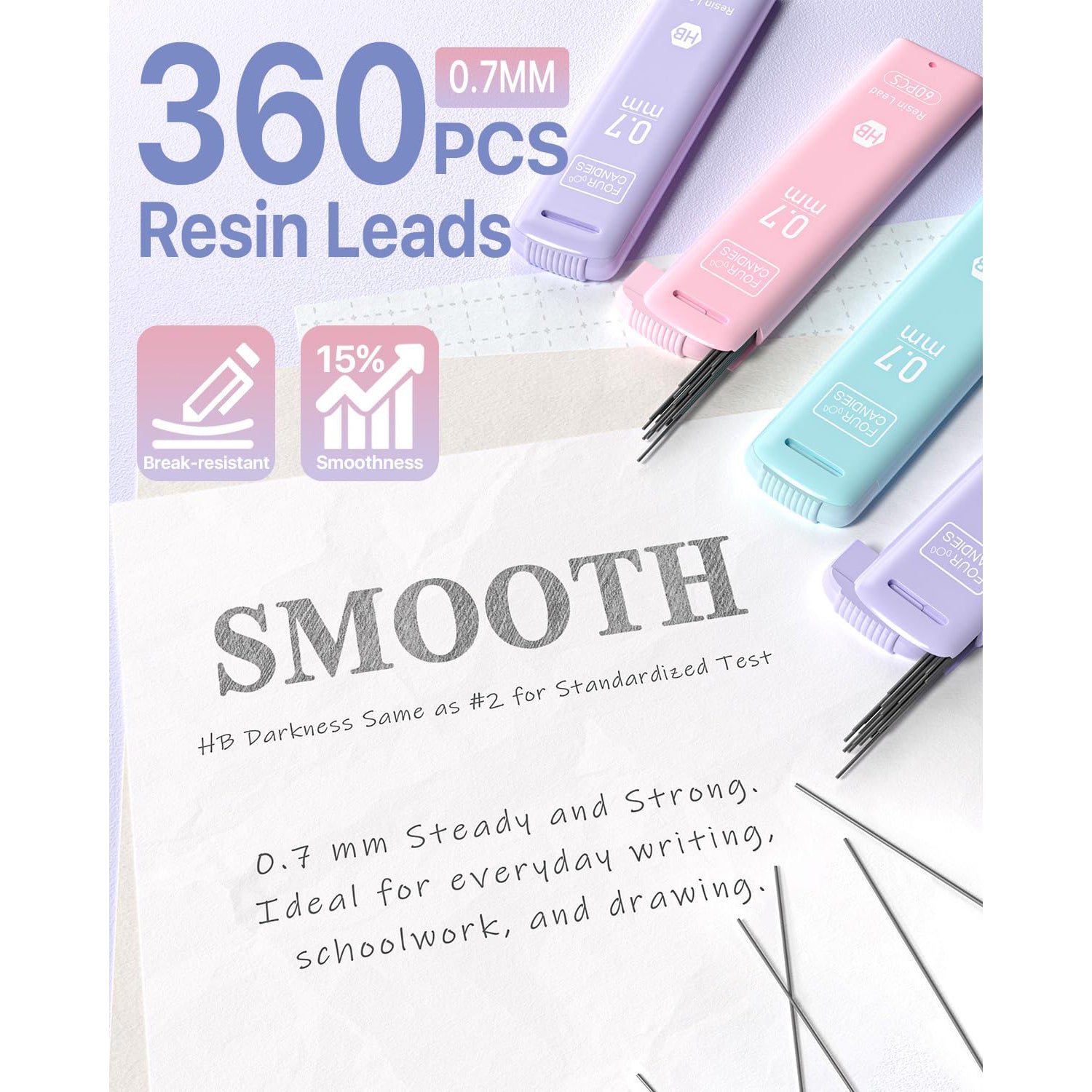 Four Candies Pastel Mechanical Pencil Set for Drawing & Writing,3PCS 0.7mm Mechanical Pencils with 360PCS HB Lead Refills, 3PCS Erasers and 9PCS Eraser Refills