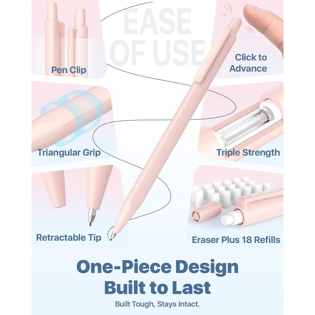 Four Candies Mechanical Pencils Set, with 0.5 & 0.7mm Lead Refills (HB & 2B), Pastel Erasers & Eraser Refills, 29-Count Pack with Case, Cute Aesthetic Supplies for Writing, Drawing