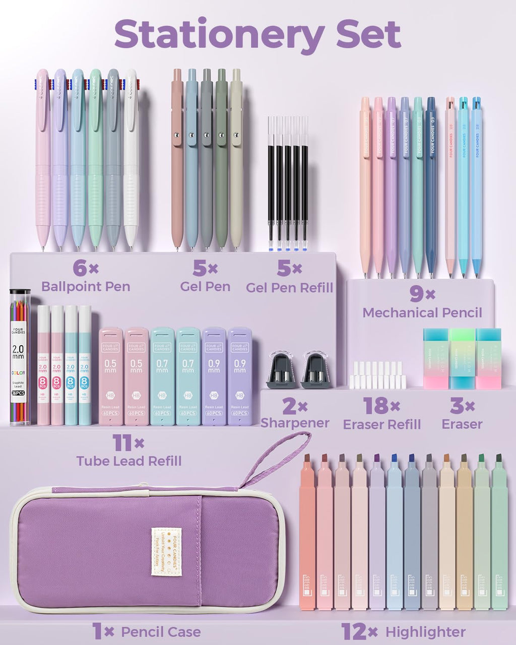 Four Candies 56 PCS Aesthetic Supplies with Pencil Case, 6 Multicolor Pen, 12 Pastel Highlighters, 5 Gel Pens Black Ink, 9 Mechanical Pencils for Stationary Set Preppy Stuff (Purple)