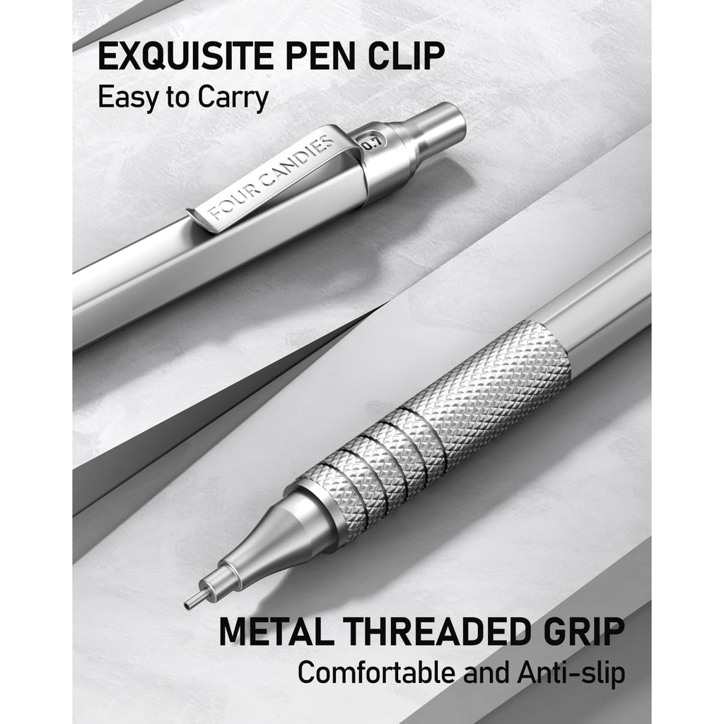 Four Candies 2PCS Metal Mechanical Pencils Set with Case, 0.5mm & 0.7 mm Artist Pencil for Writing Drafting, Drawing, Silver