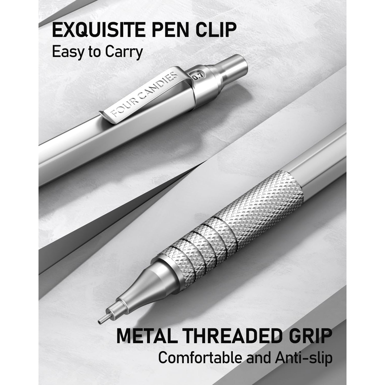 Four Candies 2PCS Metal Mechanical Pencils Set with Case, 0.5mm & 0.7 mm Artist Pencil for Writing Drafting, Drawing, Silver