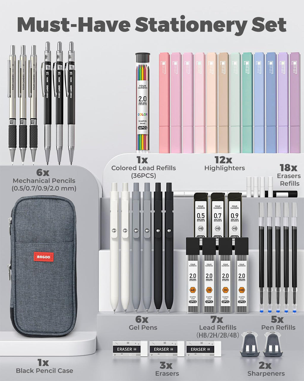 Four Candies 45 PCS Office Supplies with Pen Case, 6 Gel Pens, 6 Art Mechanical Pencil Set, 12 Highlighters for College Essentials Office Stationery (Black)