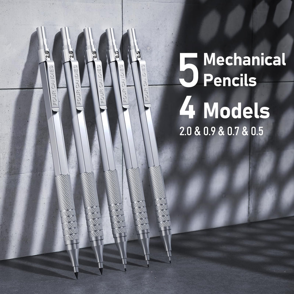 Four Candies Metal Mechanical Pencil Set,5 Count, Metal Mechanical Pencils 0.5, 0.7, 0.9,2.0(2Pcs), 420Pcs Leads (4B 2B HB 2H Color), for Writing Sketching Drawing (Silver)