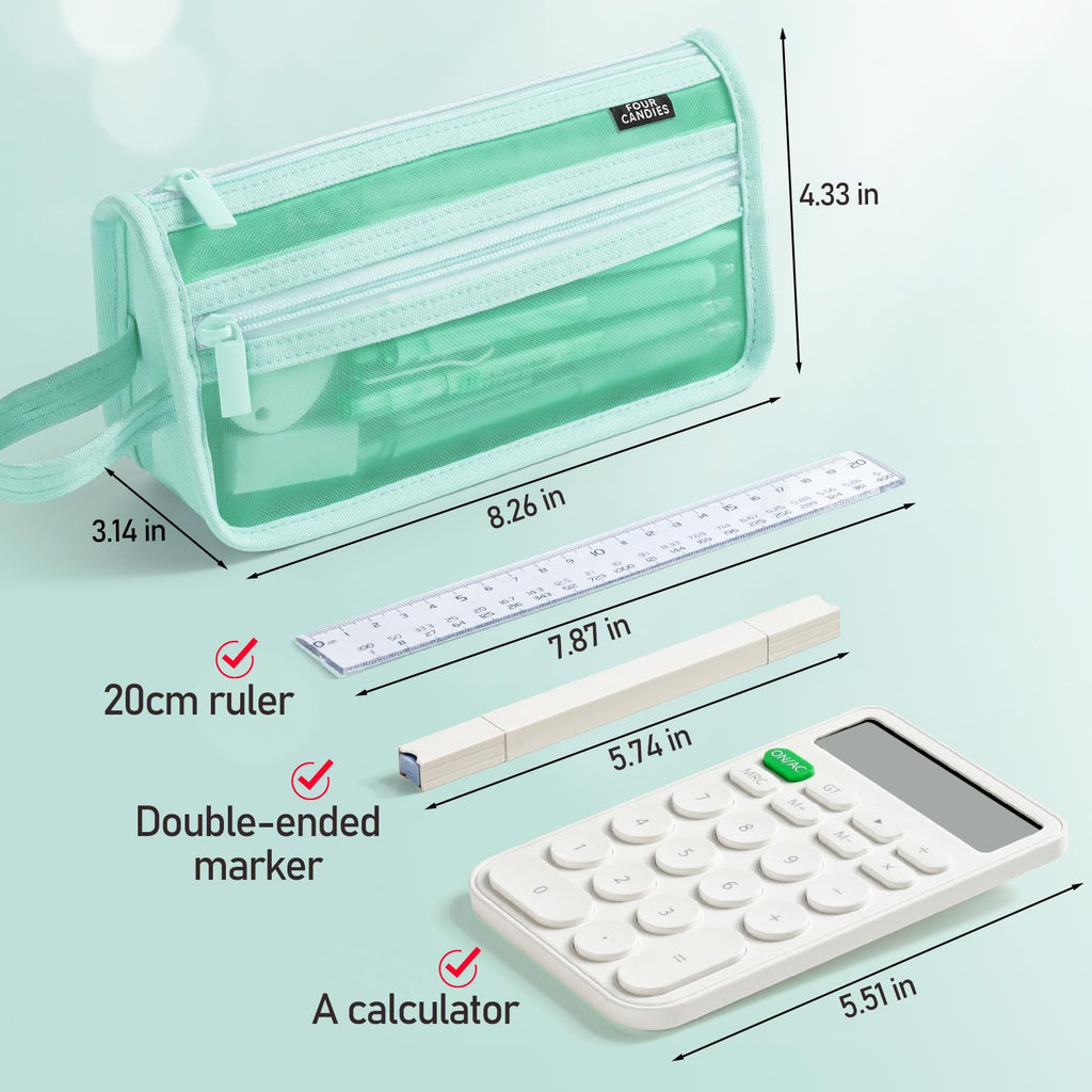 Four Candies Grid Mesh Pencil Case with Handle and Zipper, Clear Double-layer Pencil Pouch Marker Pouch, Travel Makeup Bag, Cute Transparent Stationary Organizer Pen Bag for Adult Office College