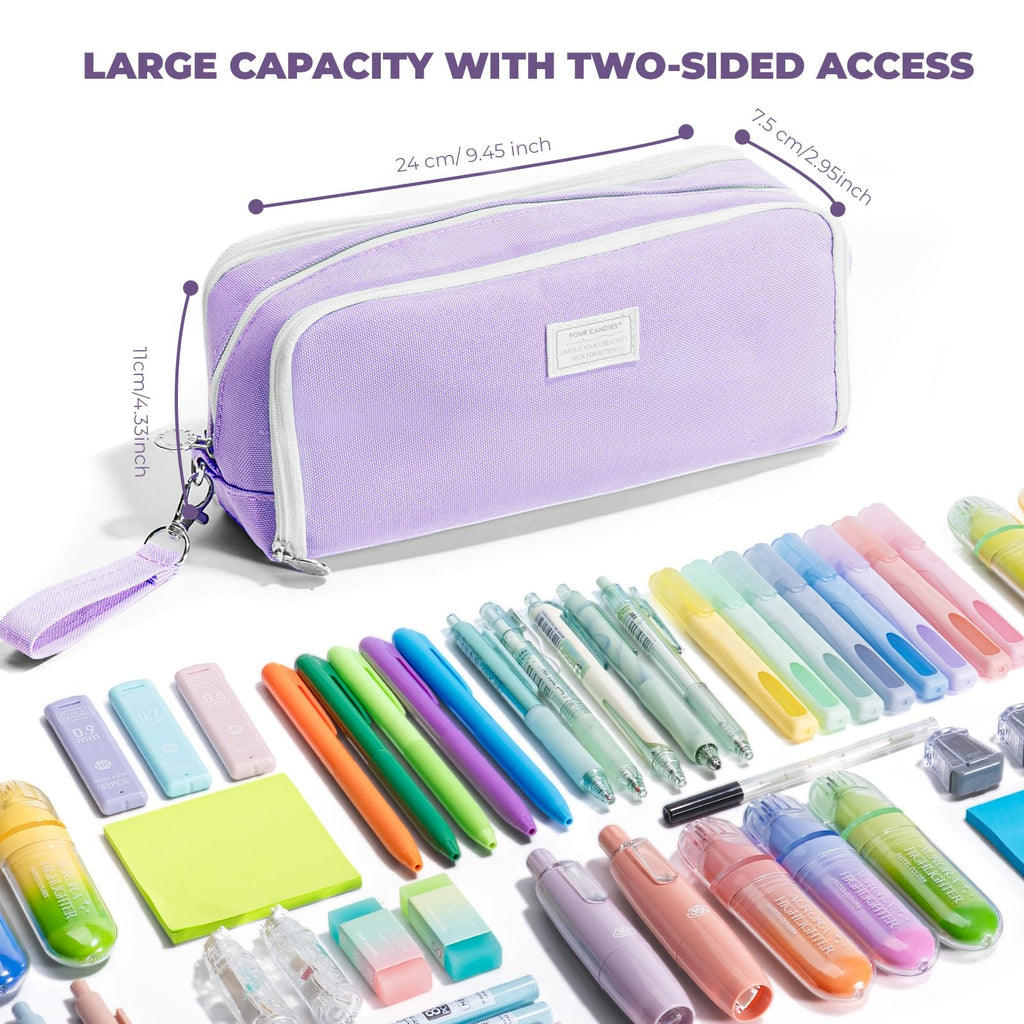Four Candies Pencil Case 3 Compartment Pouch, Large Pencil Case for Women, Puple, Removable Handle & Zipper, Cute Pencil Bag for Office