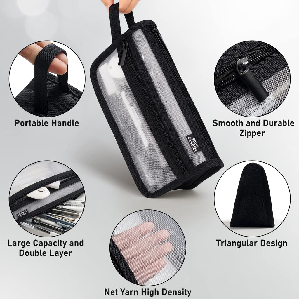 Four Candies Grid Mesh Pencil Case with Handle and Zipper, Clear Double-Layer Pencil Pouch Marker Pouch, Travel Makeup Bag, Stationary Organizer Pen Bag for Adult Office College