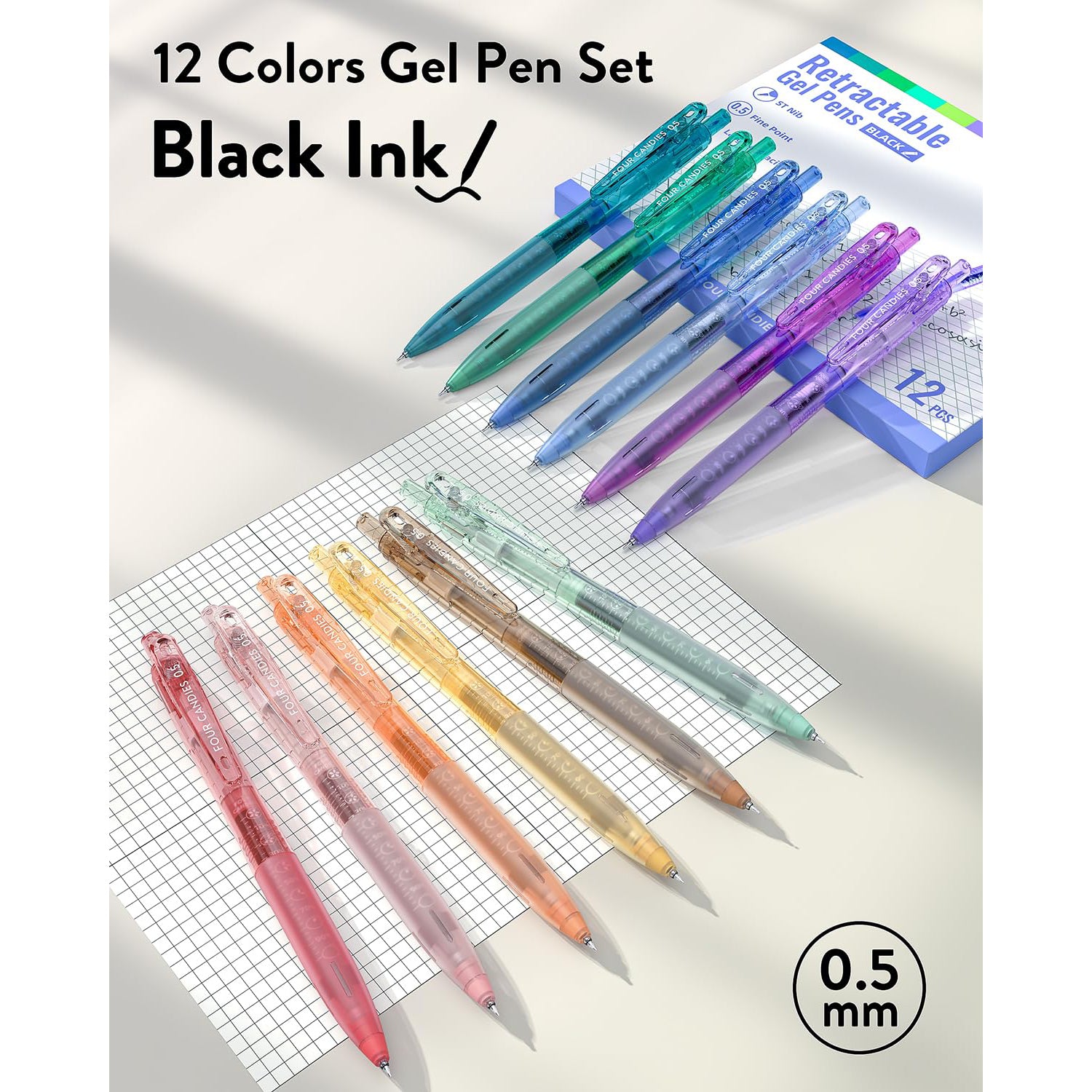 Four Candies 12Pack 0.5mm Black Ink Quick Dry Retractable Gel Pen Set, Cute Transparent Pastel Fine Point Note Taking Aesthetic lnk Pens, Comfort Grip Drawing Writing Office Home (Black)