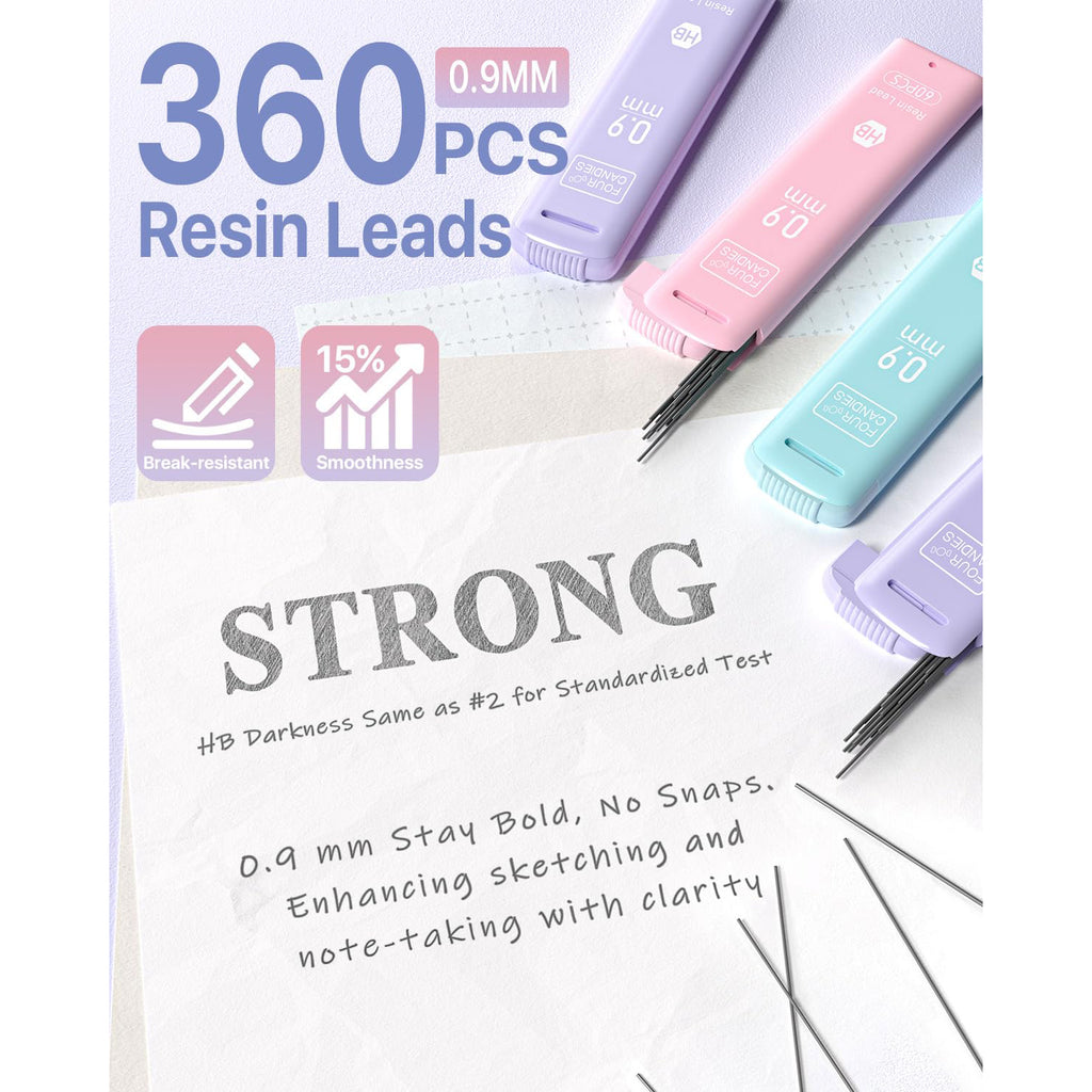 Four Candies Pastel Mechanical Pencil Set for Drawing & Writing, 3PCS 0.9mm Mechanical Pencils, 360PCS HB Lead Refills, 3 Erasers and 9 Eraser Refills