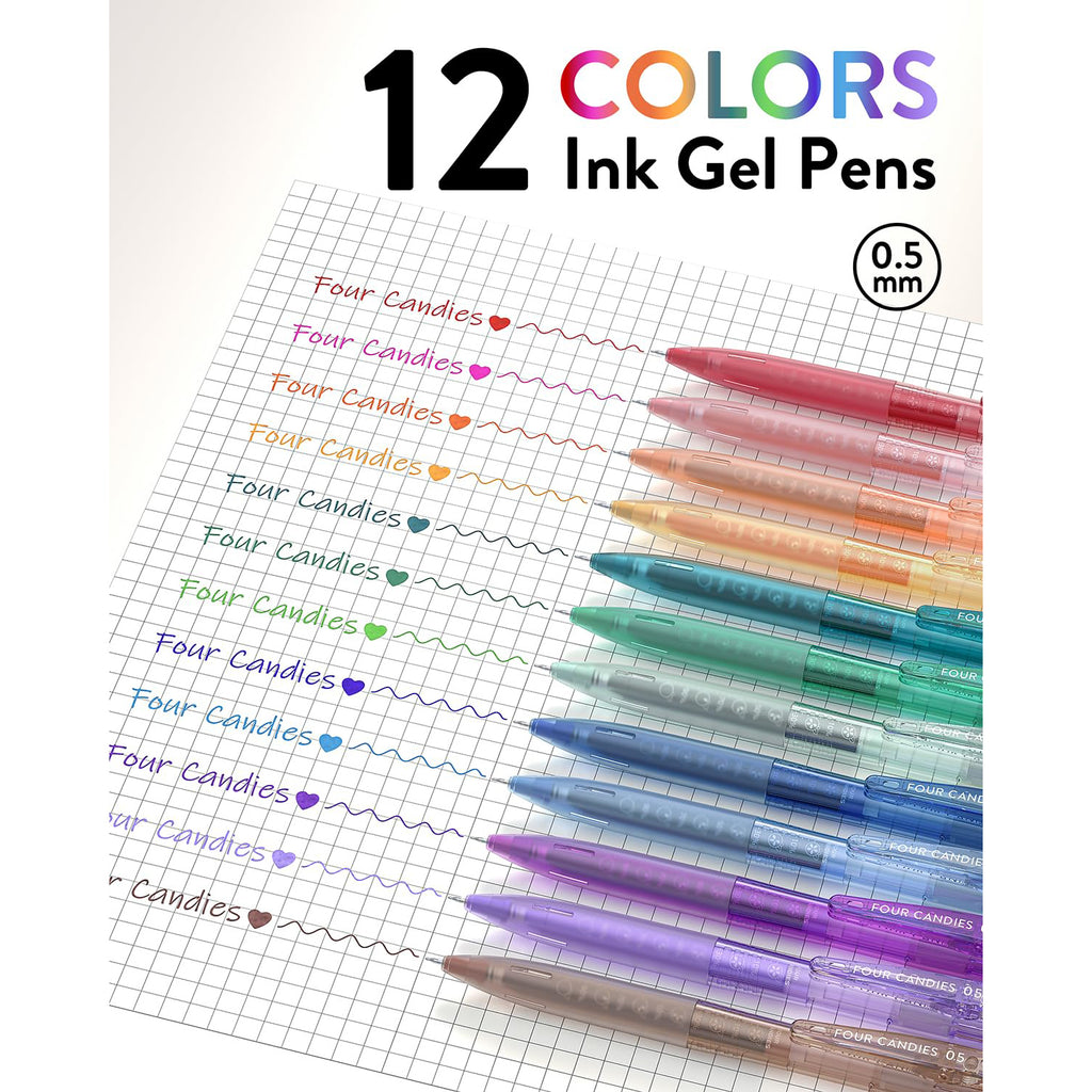 Four Candies 12Pack 0.5mm Quick Dry Retractable Gel Pen Set, Cute Transparent Fine Point Multicolor Note Taking Aesthetic lnk Pens, Comfort Grip 12 Ink Colors Drawing Writing Office Home