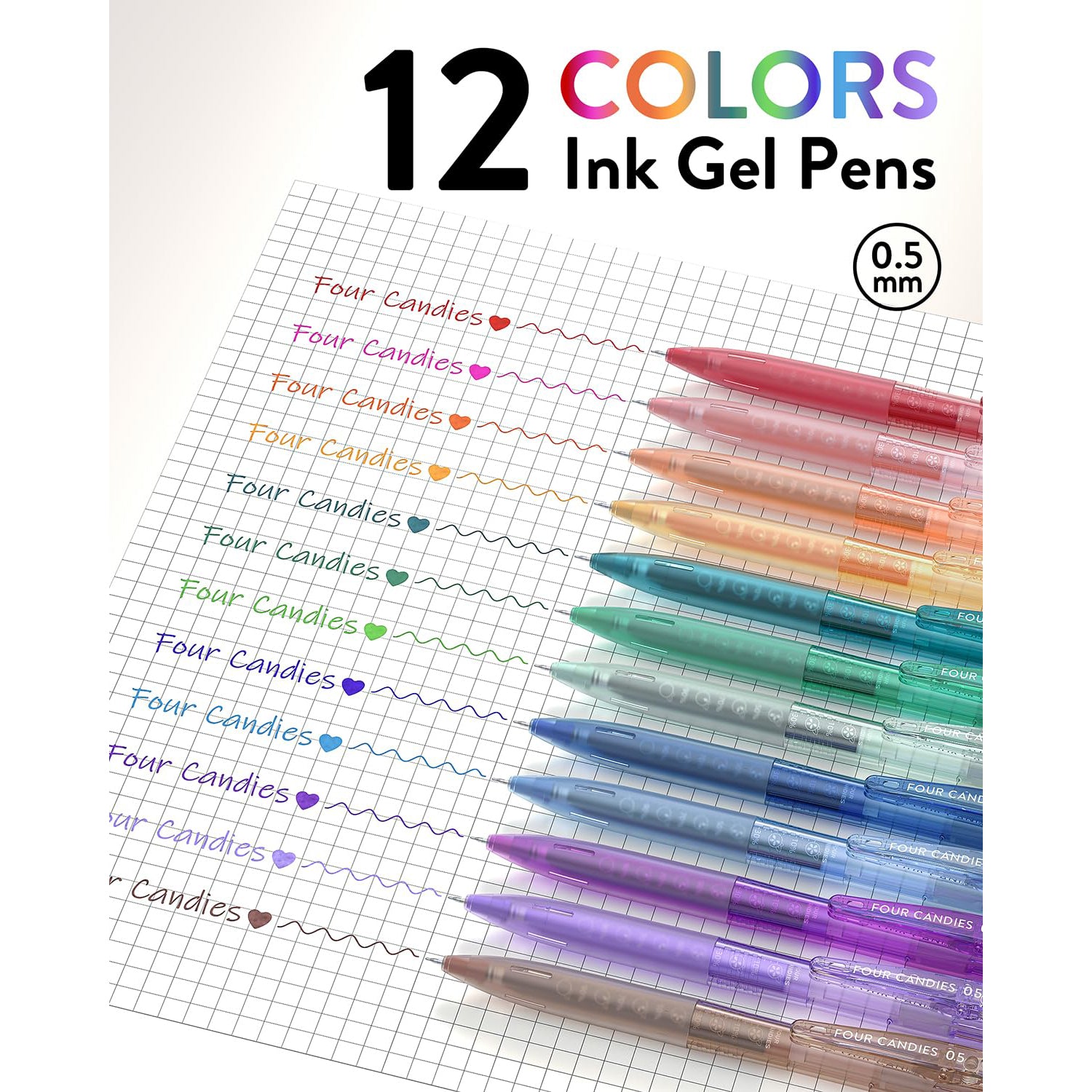 Four Candies 12Pack 0.5mm Quick Dry Retractable Gel Pen Set, Cute Transparent Fine Point Multicolor Note Taking Aesthetic lnk Pens, Comfort Grip 12 Ink Colors Drawing Writing Office Home