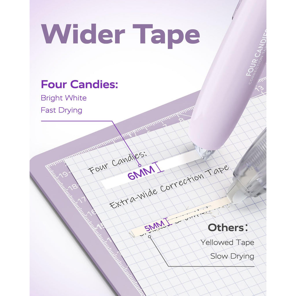 Four Candies 6MM Retractable White Correction Tape, 4PCS White Smooth Pull Out Correction Tape with 4 Extra Refills,Tear-Resistant Tape Pen & Quick Drying (Purple)