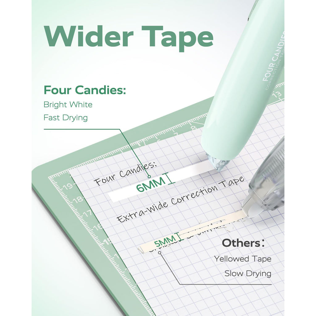Four Candies 6MM Retractable White Correction Tape, 4PCS White Smooth Pull Out Correction Tape with 4 Extra Refills,Tear-Resistant Tape Pen & Quick Drying (Green)