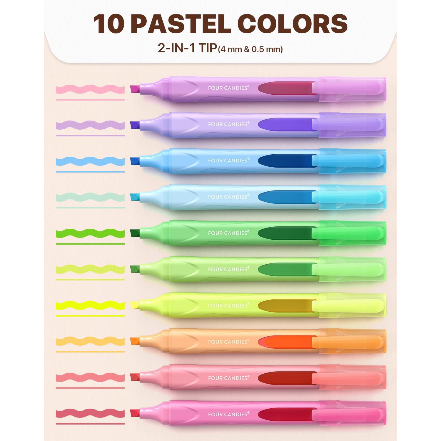 Four Candies Cute Pastel Highlighters, 10 PCS Highlighters Assorted Colors, Soft Chisel Tip, Clear Ink View, Aesthetic Highlighters Set for Organizing and Coloring