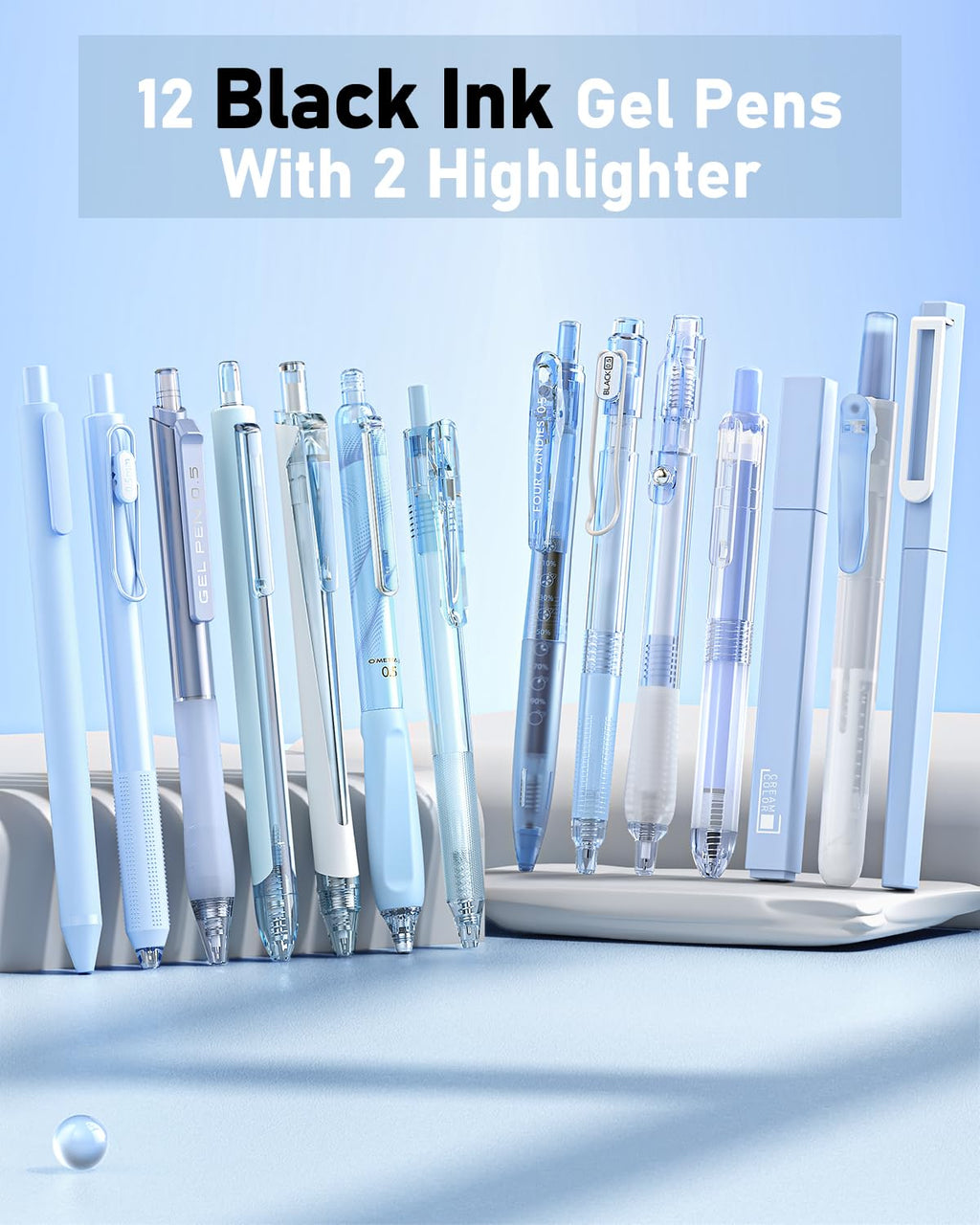 Four Candies Pastel Gel Ink Pen Set with 12 Black Ink Pens & 2 Highlighters, 0.5mm, 14 Pack